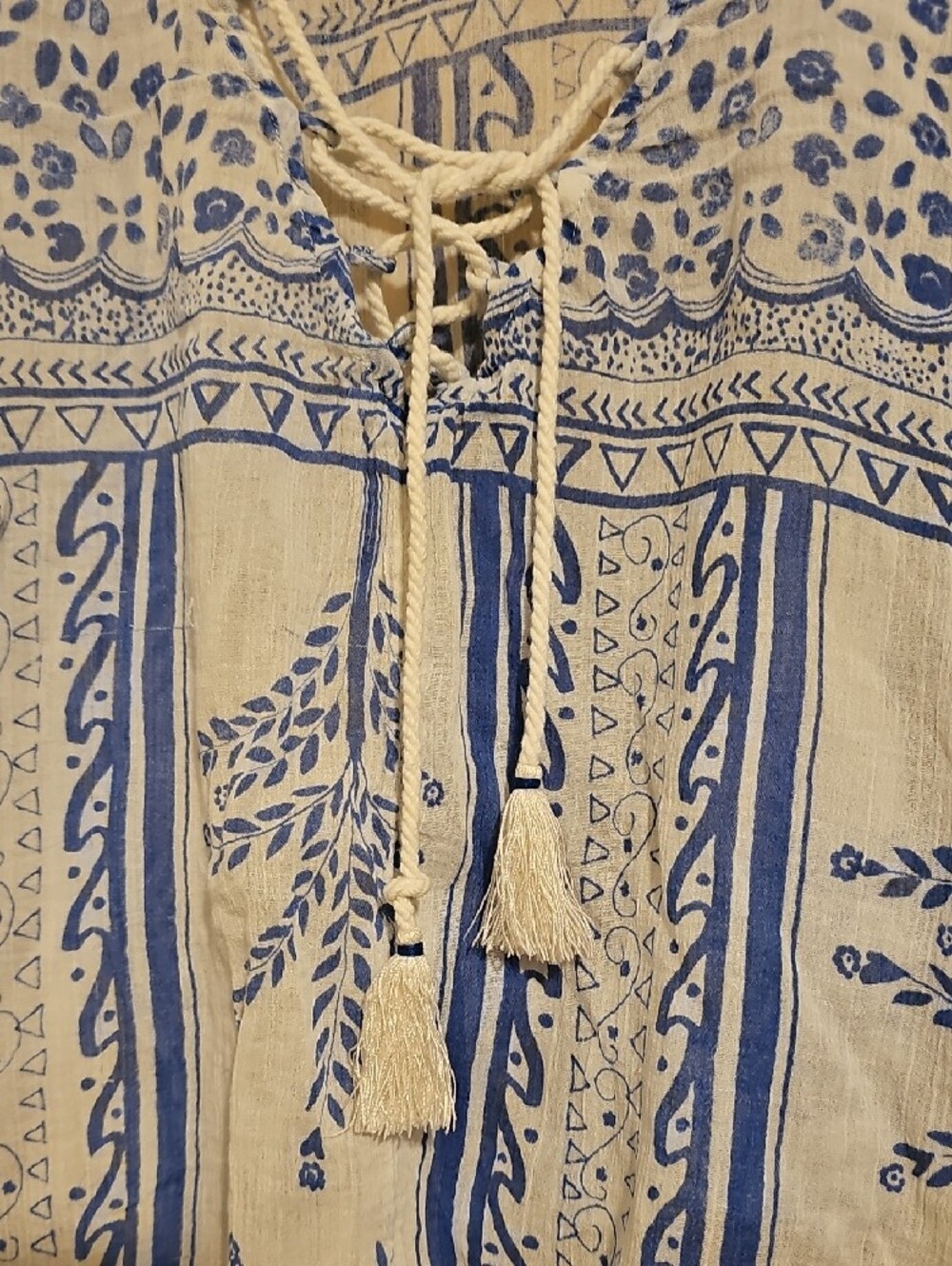 Free People Blue and White Lace-Up Peasant Blouse - Picture 3 of 4
